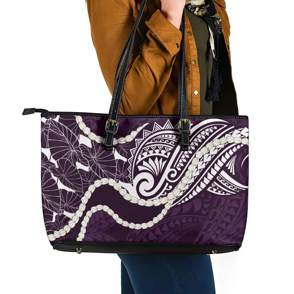 Aloha Hawaii Kalo Pikake Lei Leather Tote Bag Chest Tattoo Purple Hawaiian Pattern LT14 - Polynesian Pride
