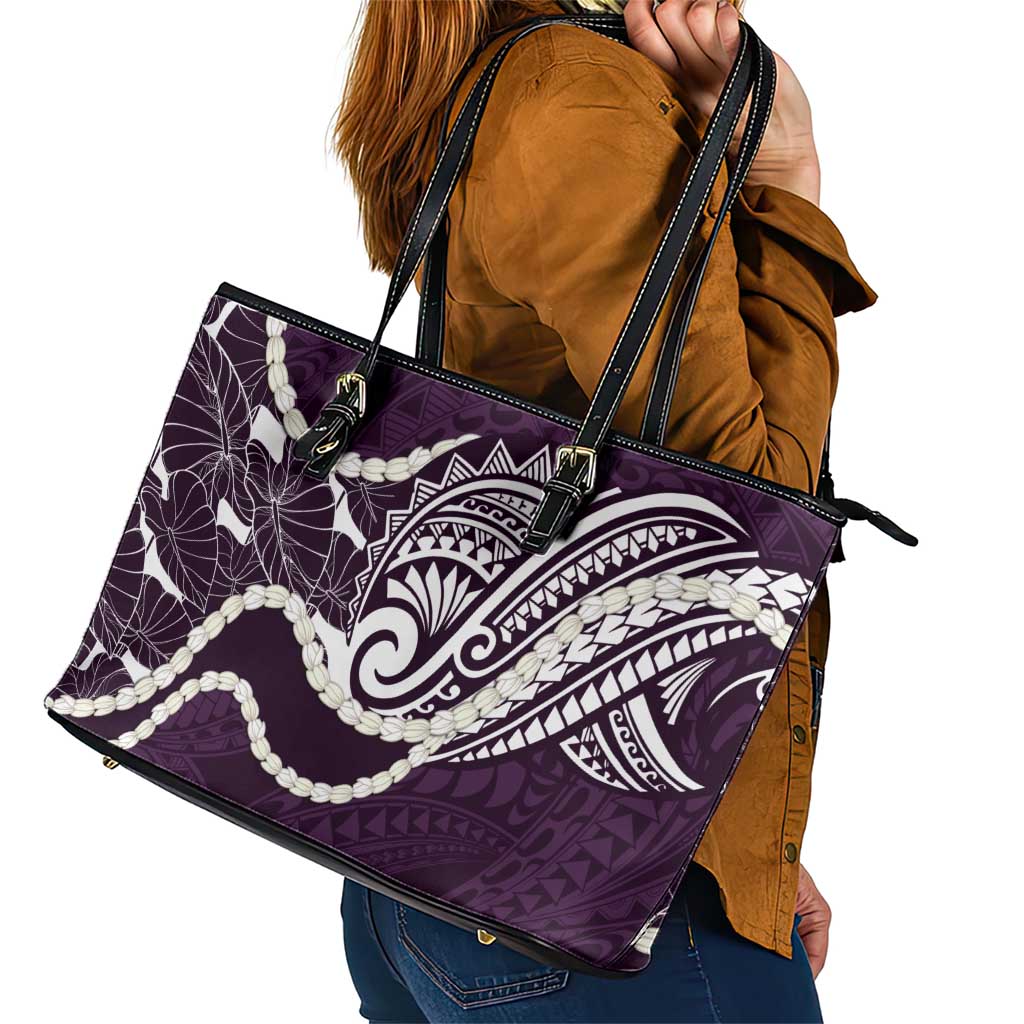 Aloha Hawaii Kalo Pikake Lei Leather Tote Bag Chest Tattoo Purple Hawaiian Pattern LT14 - Polynesian Pride