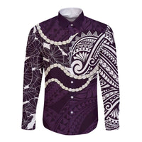 Aloha Hawaii Kalo Pikake Lei Long Sleeve Button Shirt Chest Tattoo Purple Hawaiian Pattern LT14 Unisex Purple - Polynesian Pride