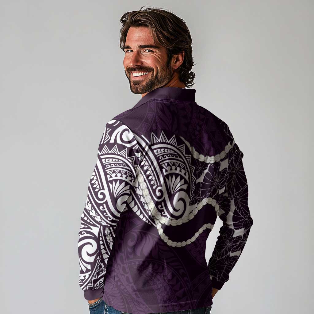 Aloha Hawaii Kalo Pikake Lei Long Sleeve Polo Shirt Chest Tattoo Purple Hawaiian Pattern LT14 - Polynesian Pride