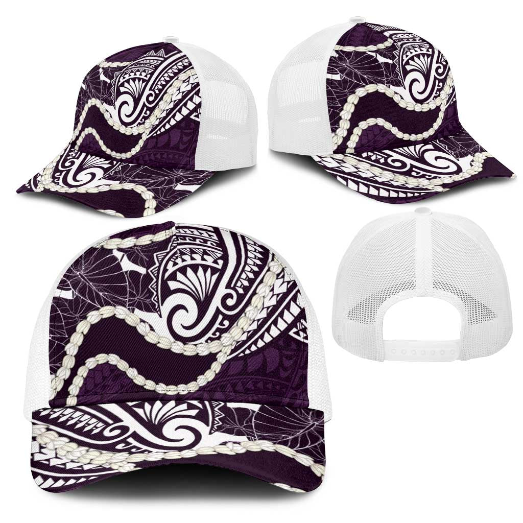 Aloha Hawaii Kalo Pikake Lei Mesh Trucker Cap Chest Tattoo Purple Hawaiian Pattern