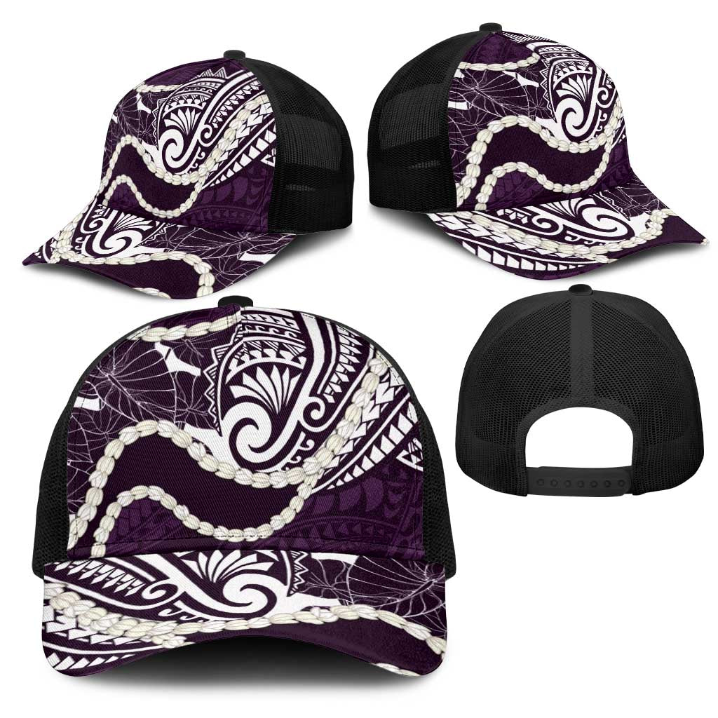 Aloha Hawaii Kalo Pikake Lei Mesh Trucker Cap Chest Tattoo Purple Hawaiian Pattern