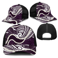 Aloha Hawaii Kalo Pikake Lei Mesh Trucker Cap Chest Tattoo Purple Hawaiian Pattern