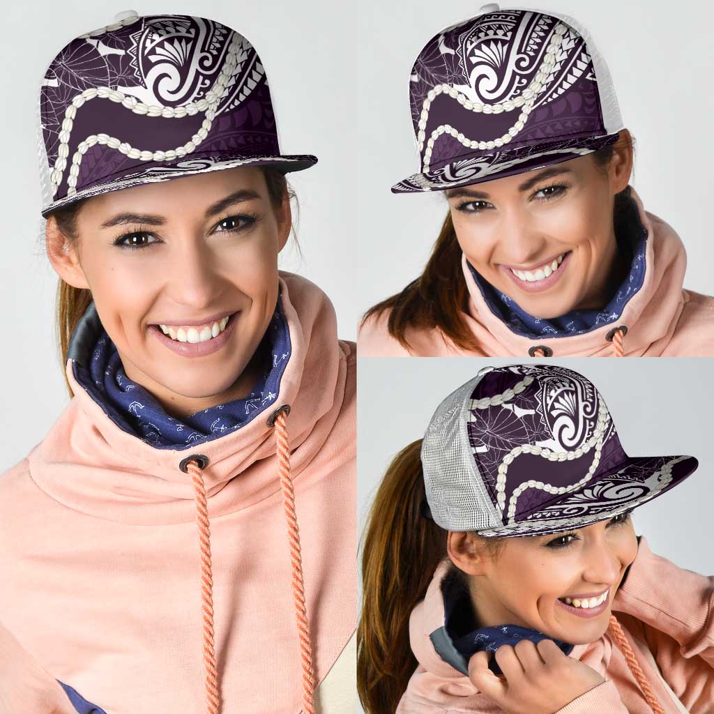 Aloha Hawaii Kalo Pikake Lei Mesh Trucker Cap Chest Tattoo Purple Hawaiian Pattern