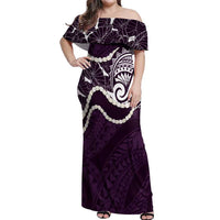Aloha Hawaii Kalo Pikake Lei Off Shoulder Maxi Dress Chest Tattoo Purple Hawaiian Pattern