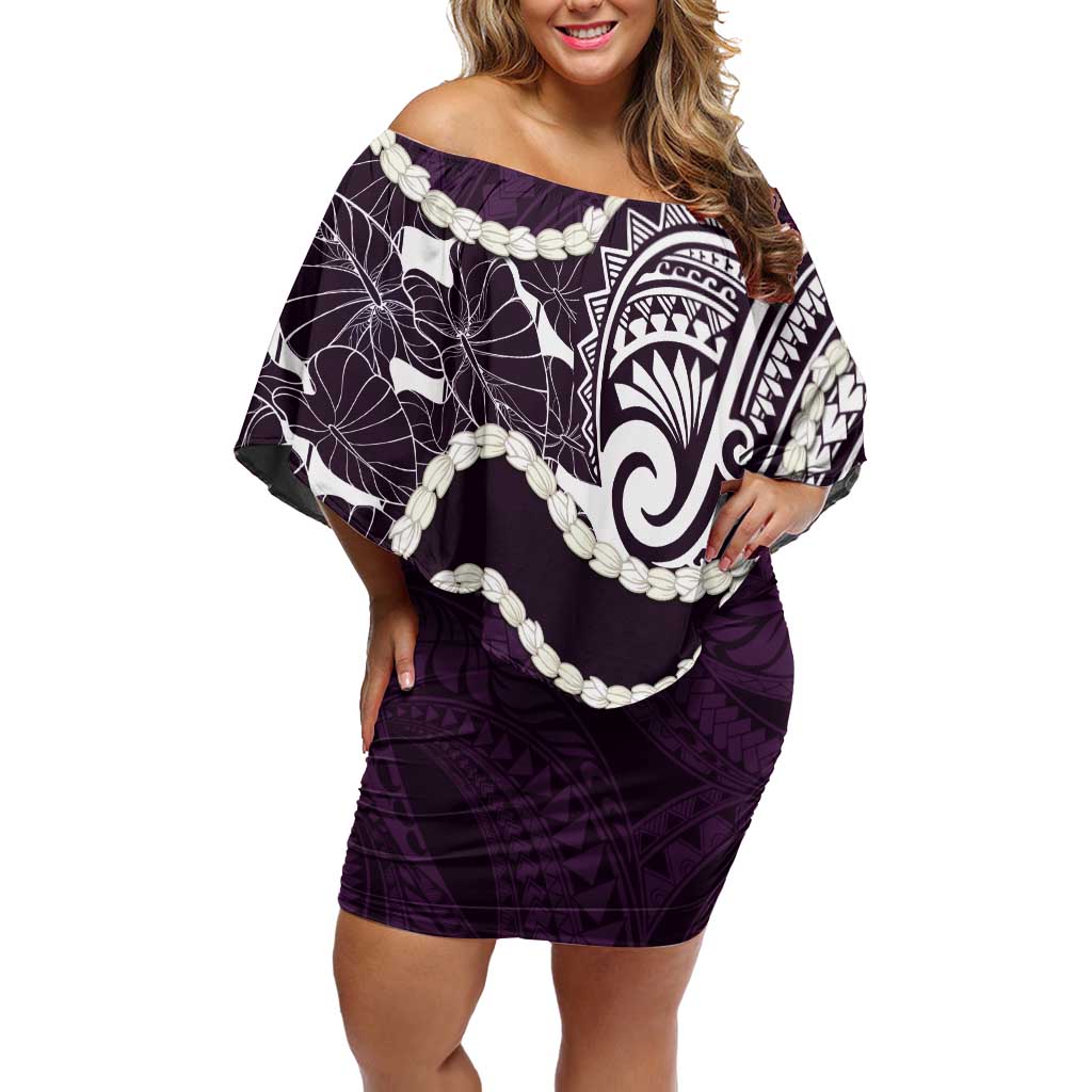 Aloha Hawaii Kalo Pikake Lei Off Shoulder Short Dress Chest Tattoo Purple Hawaiian Pattern