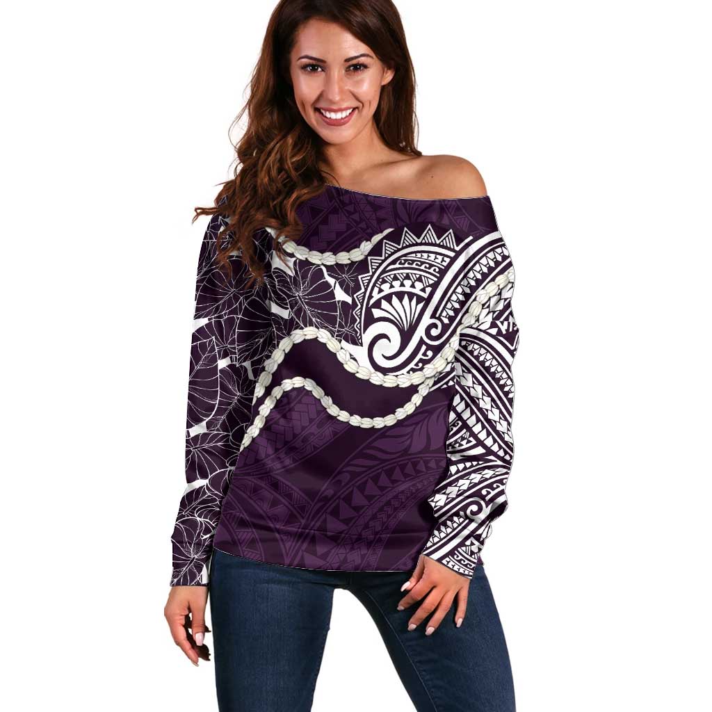 Aloha Hawaii Kalo Pikake Lei Off Shoulder Sweater Chest Tattoo Purple Hawaiian Pattern LT14 Women Purple - Polynesian Pride