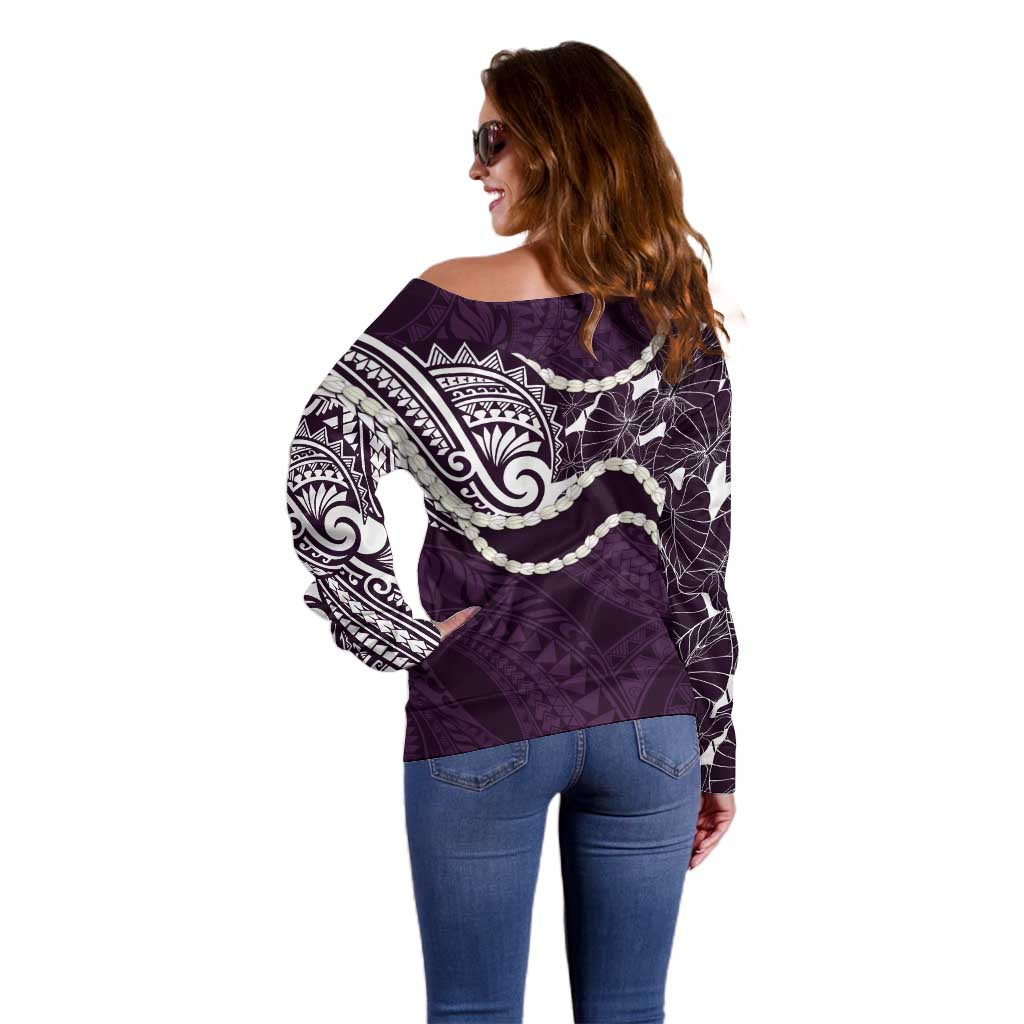 Aloha Hawaii Kalo Pikake Lei Off Shoulder Sweater Chest Tattoo Purple Hawaiian Pattern LT14 - Polynesian Pride