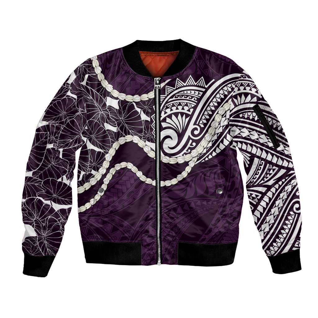 Aloha Hawaii Kalo Pikake Lei Sleeve Zip Bomber Jacket Chest Tattoo Purple Hawaiian Pattern LT14 Unisex Purple - Polynesian Pride