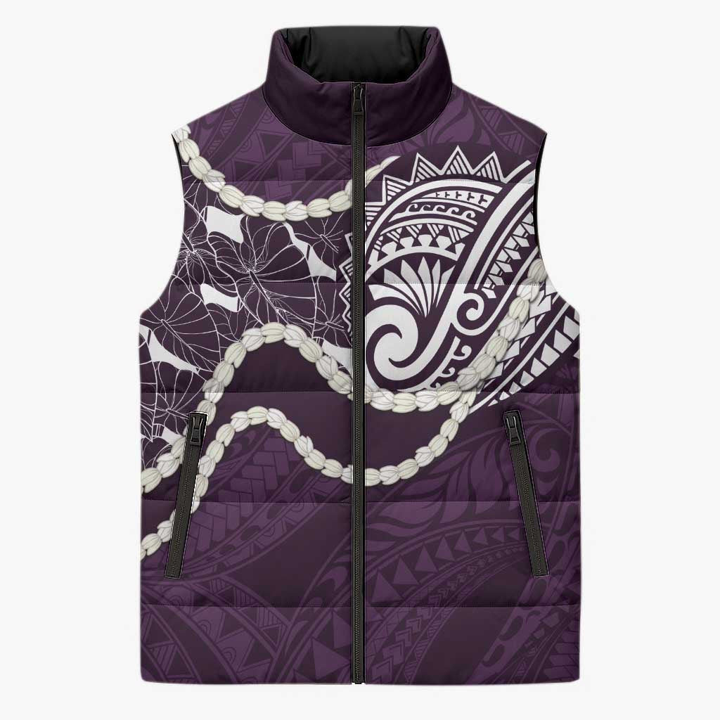 Aloha Hawaii Kalo Pikake Lei Sleeveless Puffer Jacket Chest Tattoo Purple Hawaiian Pattern
