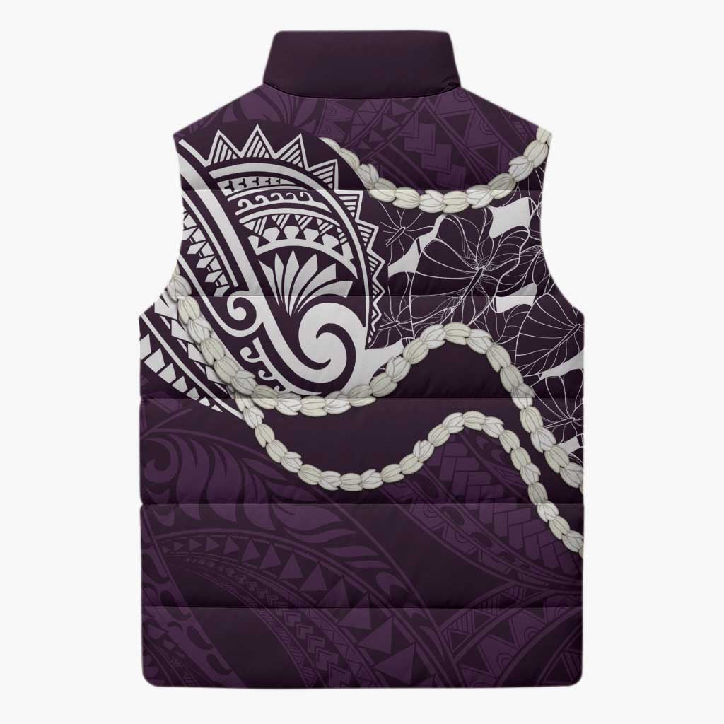 Aloha Hawaii Kalo Pikake Lei Sleeveless Puffer Jacket Chest Tattoo Purple Hawaiian Pattern