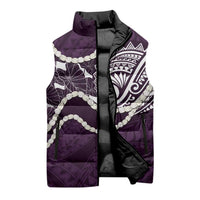 Aloha Hawaii Kalo Pikake Lei Sleeveless Puffer Jacket Chest Tattoo Purple Hawaiian Pattern