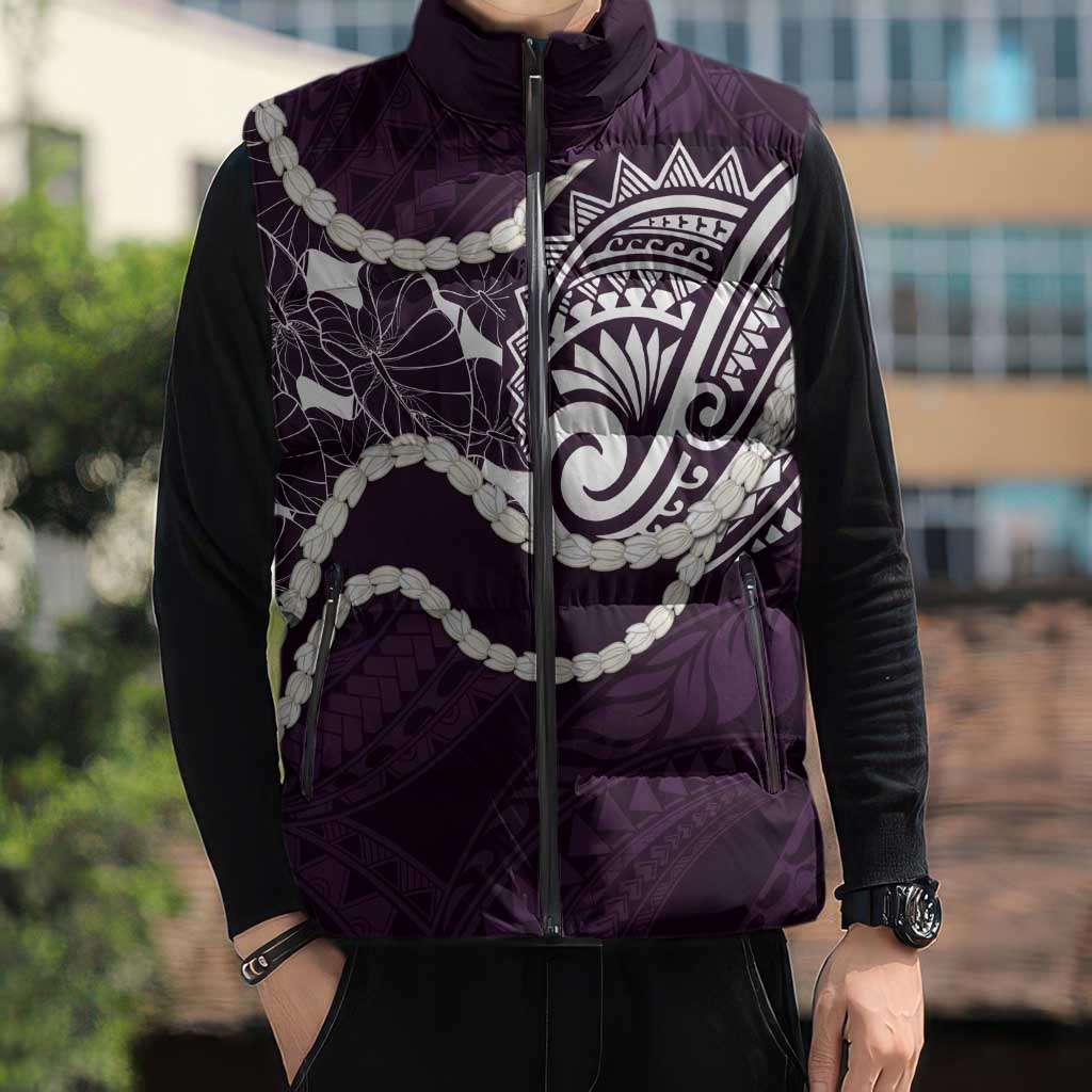 Aloha Hawaii Kalo Pikake Lei Sleeveless Puffer Jacket Chest Tattoo Purple Hawaiian Pattern