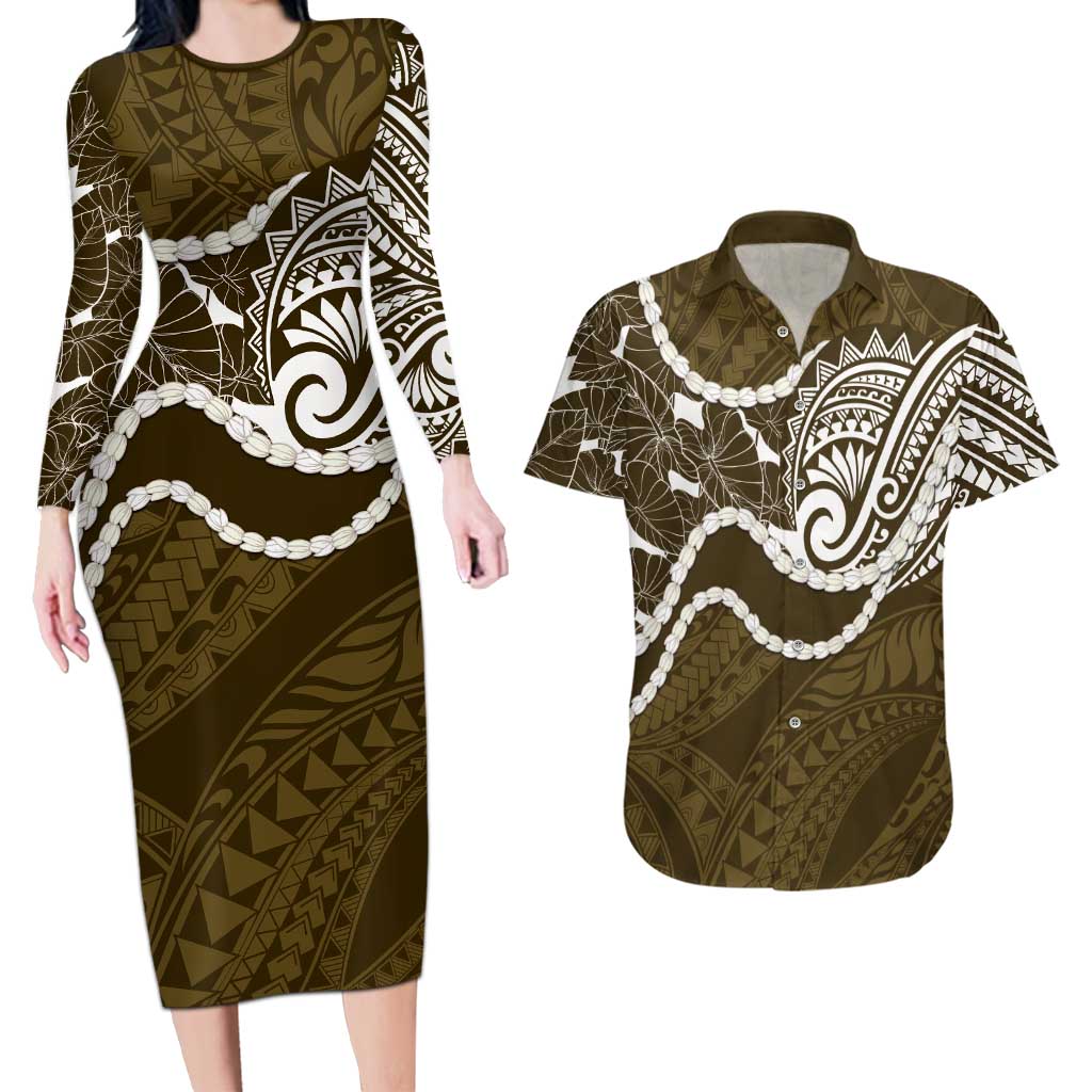 Aloha Hawaii Kalo Pikake Lei Couples Matching Long Sleeve Bodycon Dress and Hawaiian Shirt Chest Tattoo Gold Hawaiian Pattern