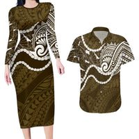 Aloha Hawaii Kalo Pikake Lei Couples Matching Long Sleeve Bodycon Dress and Hawaiian Shirt Chest Tattoo Gold Hawaiian Pattern