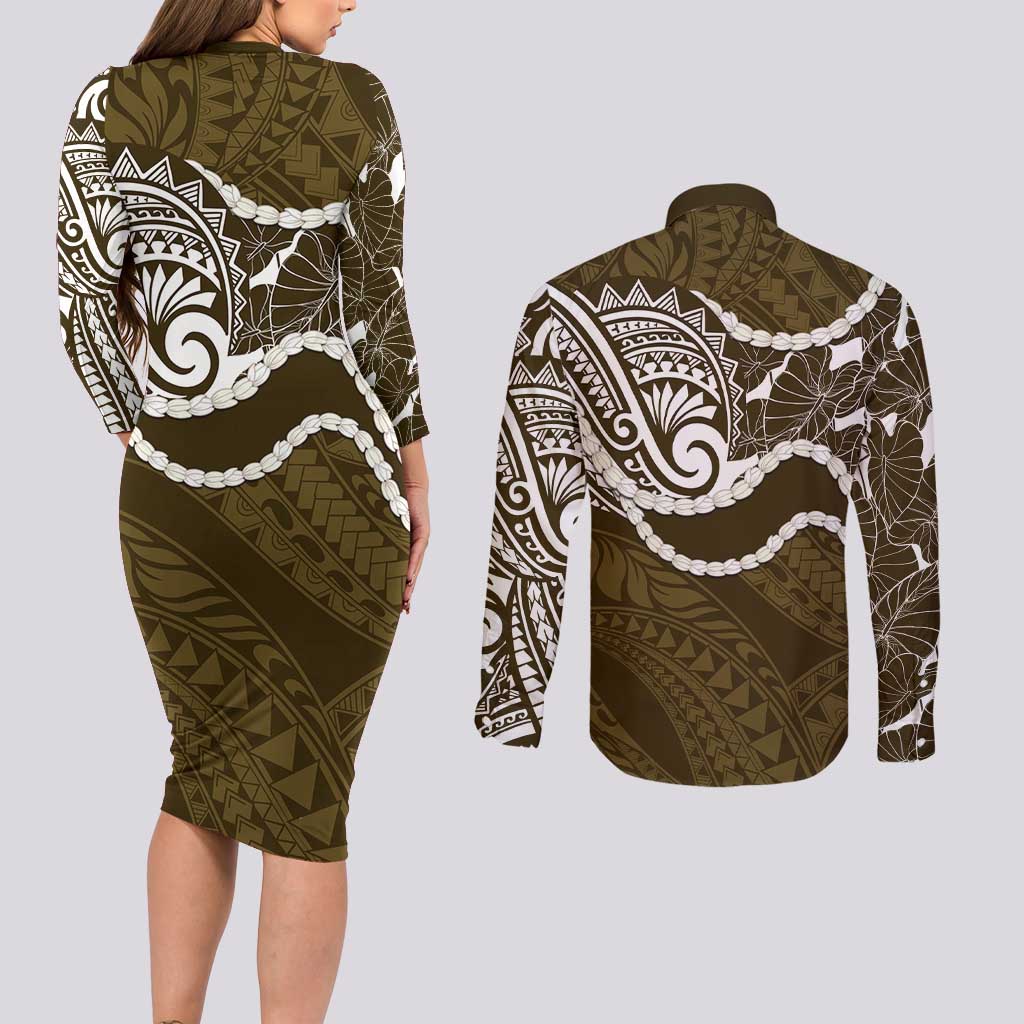 Aloha Hawaii Kalo Pikake Lei Couples Matching Long Sleeve Bodycon Dress and Long Sleeve Button Shirt Chest Tattoo Gold Hawaiian Pattern