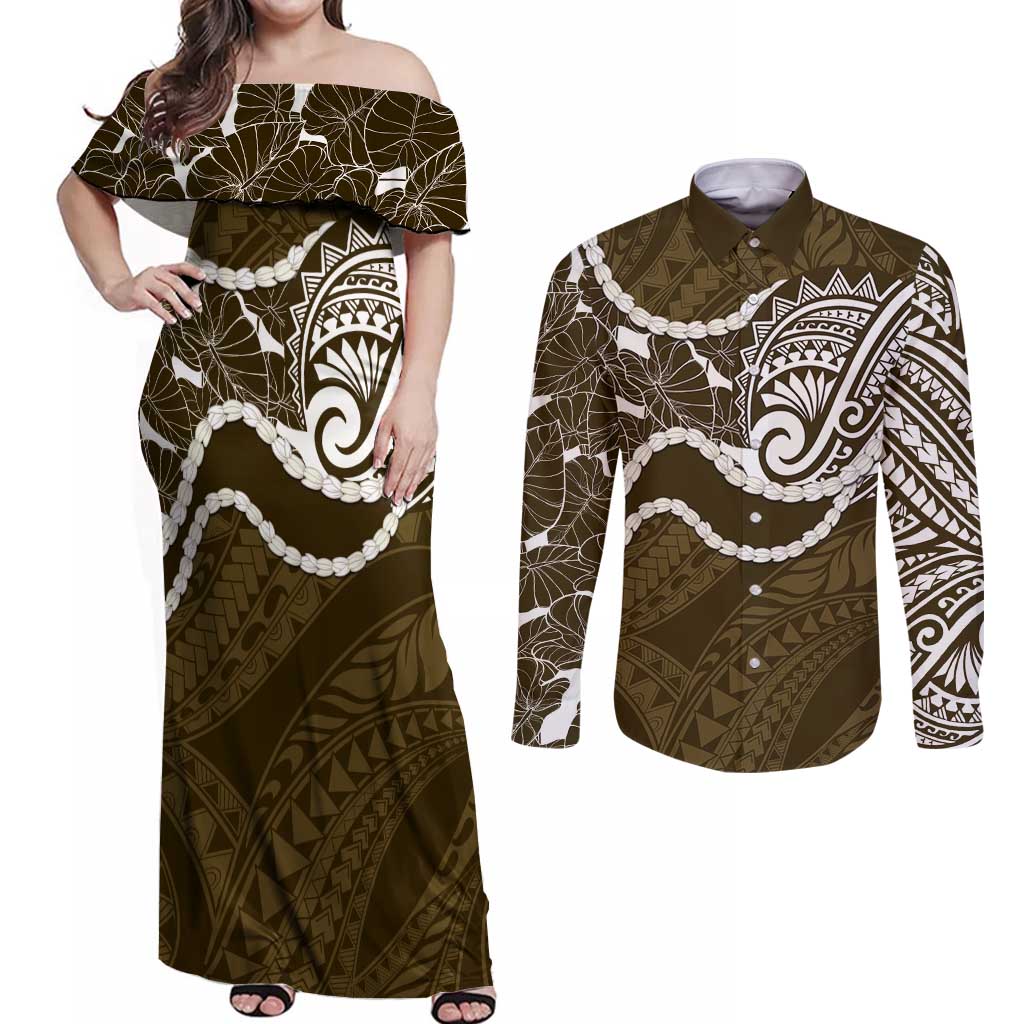 Aloha Hawaii Kalo Pikake Lei Couples Matching Off Shoulder Maxi Dress and Long Sleeve Button Shirt Chest Tattoo Gold Hawaiian Pattern LT14 Gold - Polynesian Pride
