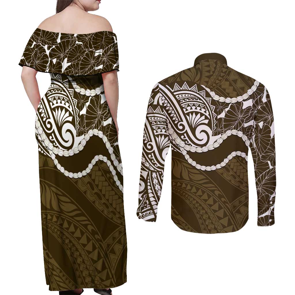 Aloha Hawaii Kalo Pikake Lei Couples Matching Off Shoulder Maxi Dress and Long Sleeve Button Shirt Chest Tattoo Gold Hawaiian Pattern