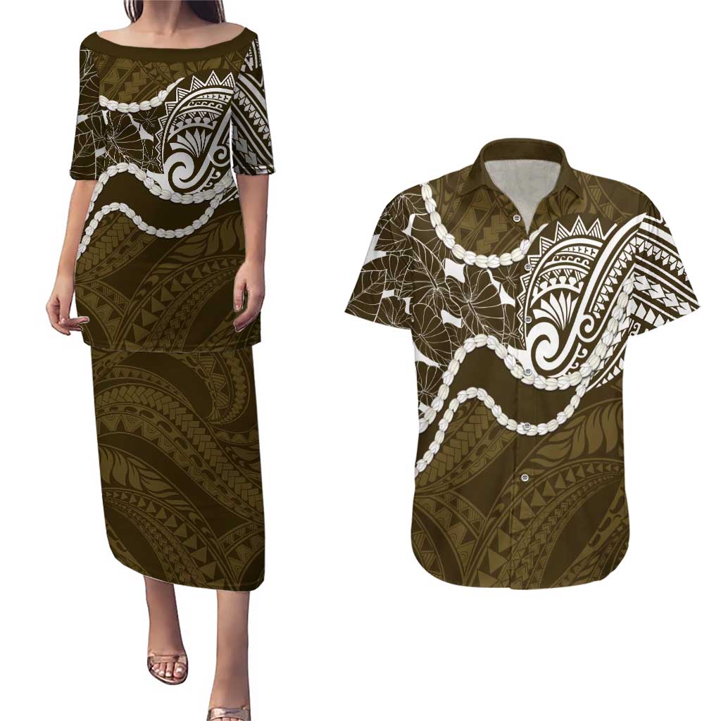 Aloha Hawaii Kalo Pikake Lei Couples Matching Puletasi and Hawaiian Shirt Chest Tattoo Gold Hawaiian Pattern LT14 Gold - Polynesian Pride