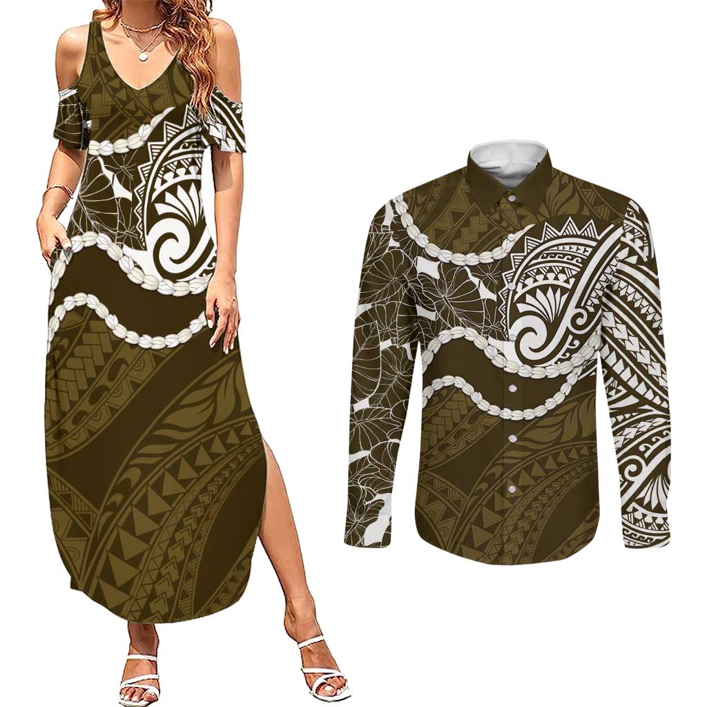 Aloha Hawaii Kalo Pikake Lei Couples Matching Summer Maxi Dress and Long Sleeve Button Shirt Chest Tattoo Gold Hawaiian Pattern LT14 Gold - Polynesian Pride