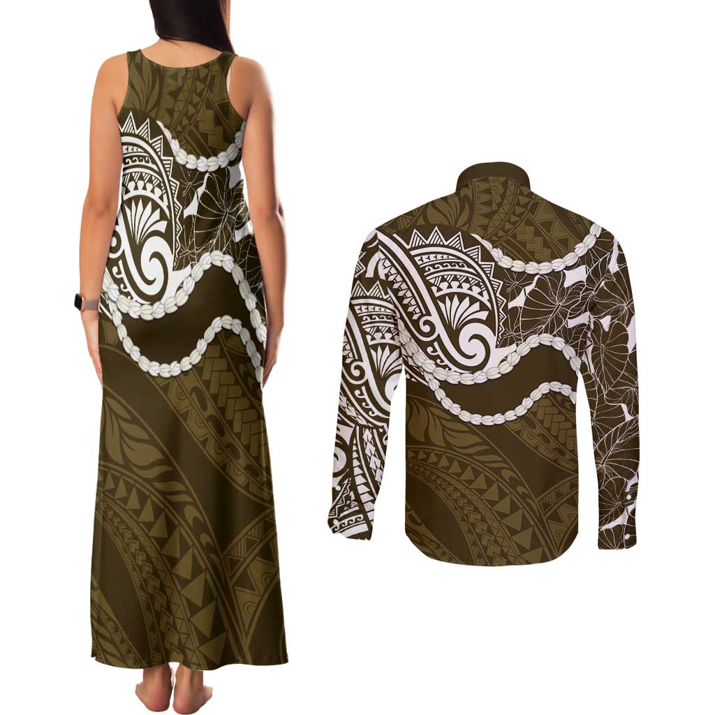 Aloha Hawaii Kalo Pikake Lei Couples Matching Tank Maxi Dress and Long Sleeve Button Shirt Chest Tattoo Gold Hawaiian Pattern