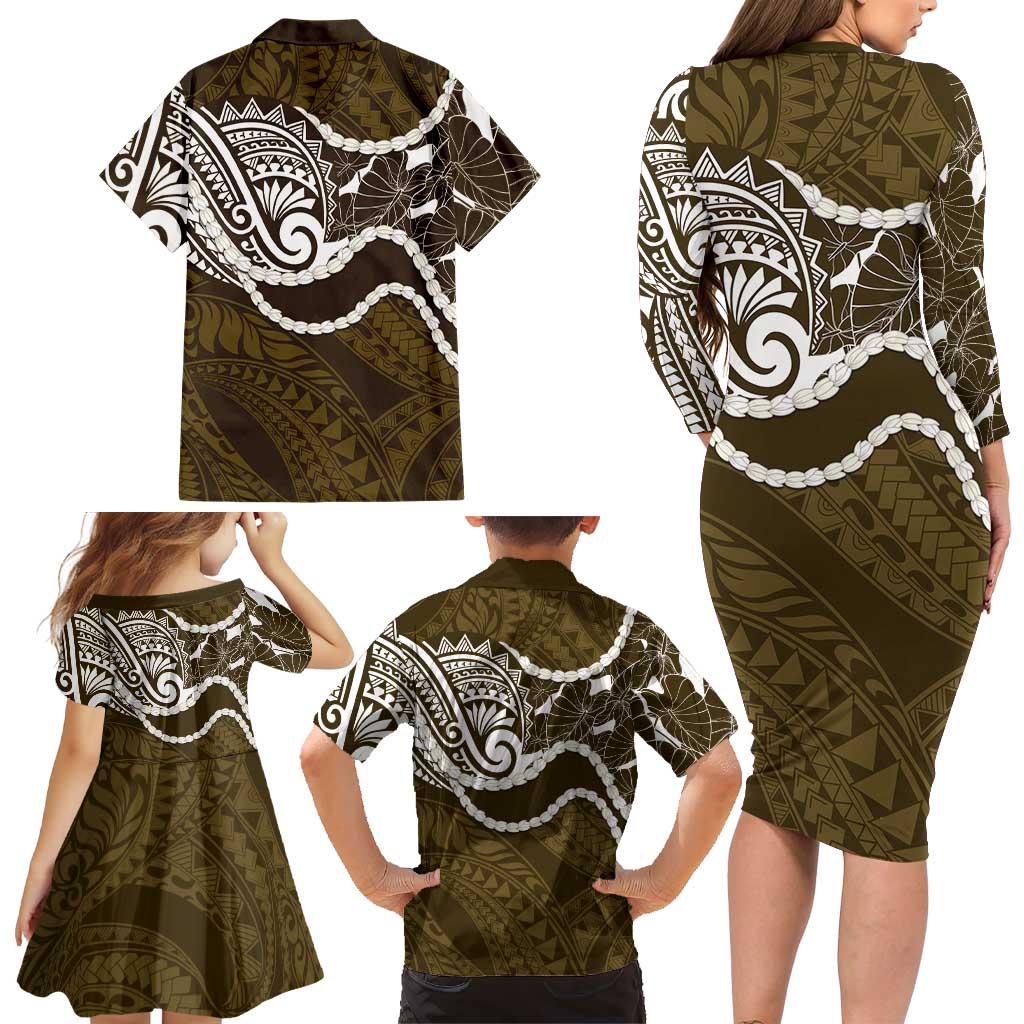 Aloha Hawaii Kalo Pikake Lei Family Matching Long Sleeve Bodycon Dress and Hawaiian Shirt Chest Tattoo Gold Hawaiian Pattern