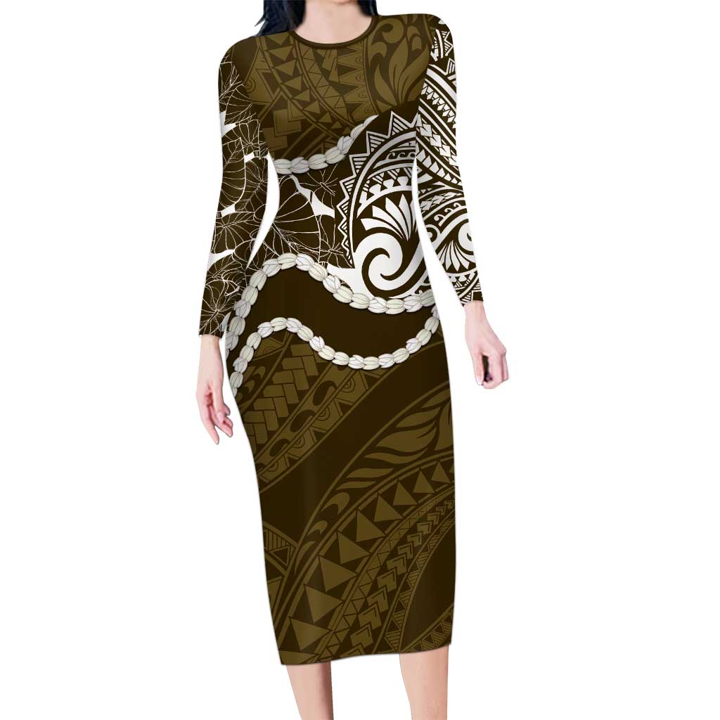 Aloha Hawaii Kalo Pikake Lei Family Matching Long Sleeve Bodycon Dress and Hawaiian Shirt Chest Tattoo Gold Hawaiian Pattern
