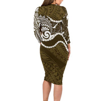 Aloha Hawaii Kalo Pikake Lei Family Matching Long Sleeve Bodycon Dress and Hawaiian Shirt Chest Tattoo Gold Hawaiian Pattern