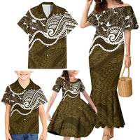 Aloha Hawaii Kalo Pikake Lei Family Matching Mermaid Dress and Hawaiian Shirt Chest Tattoo Gold Hawaiian Pattern