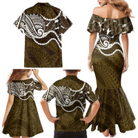 Aloha Hawaii Kalo Pikake Lei Family Matching Mermaid Dress and Hawaiian Shirt Chest Tattoo Gold Hawaiian Pattern