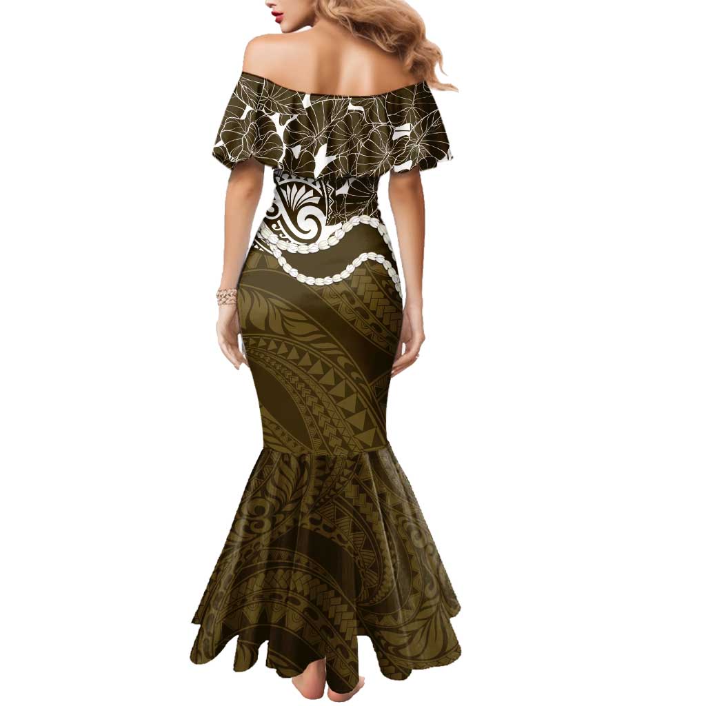 Aloha Hawaii Kalo Pikake Lei Family Matching Mermaid Dress and Hawaiian Shirt Chest Tattoo Gold Hawaiian Pattern