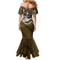 Aloha Hawaii Kalo Pikake Lei Family Matching Mermaid Dress and Hawaiian Shirt Chest Tattoo Gold Hawaiian Pattern