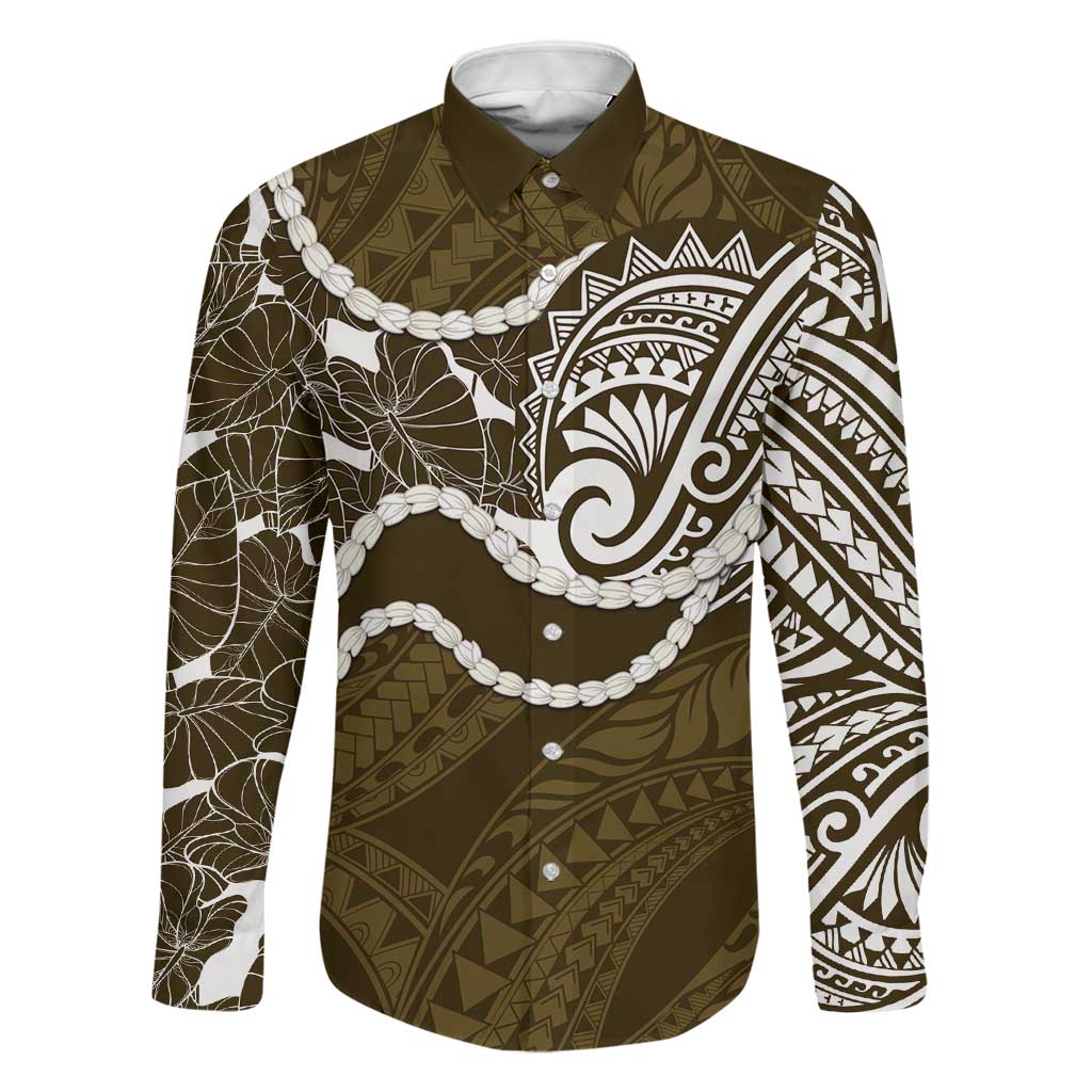 Aloha Hawaii Kalo Pikake Lei Family Matching Off The Shoulder Long Sleeve Dress and Hawaiian Shirt Chest Tattoo Gold Hawaiian Pattern