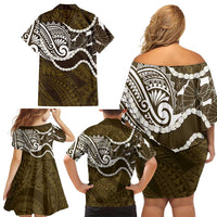 Aloha Hawaii Kalo Pikake Lei Family Matching Off Shoulder Short Dress and Hawaiian Shirt Chest Tattoo Gold Hawaiian Pattern