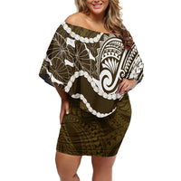 Aloha Hawaii Kalo Pikake Lei Family Matching Off Shoulder Short Dress and Hawaiian Shirt Chest Tattoo Gold Hawaiian Pattern