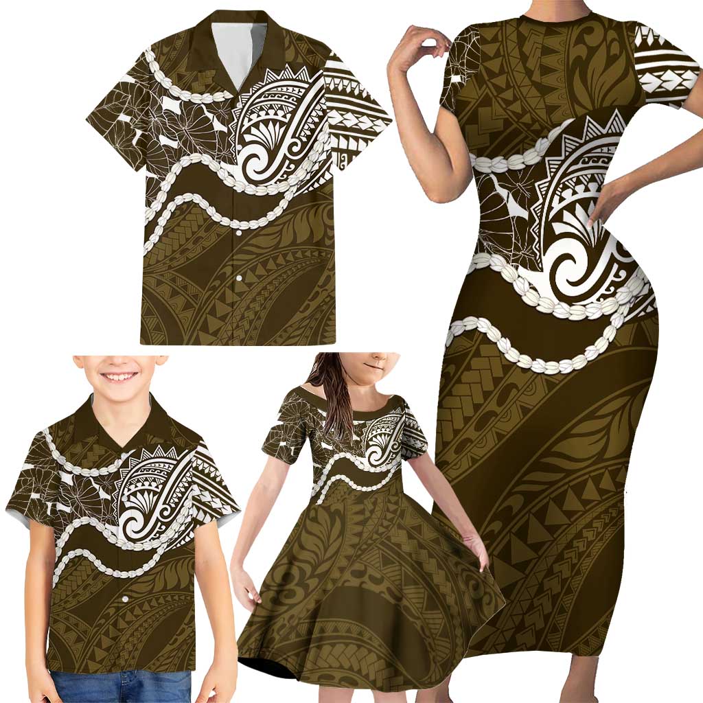 Aloha Hawaii Kalo Pikake Lei Family Matching Short Sleeve Bodycon Dress and Hawaiian Shirt Chest Tattoo Gold Hawaiian Pattern LT14 - Polynesian Pride