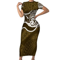 Aloha Hawaii Kalo Pikake Lei Family Matching Short Sleeve Bodycon Dress and Hawaiian Shirt Chest Tattoo Gold Hawaiian Pattern