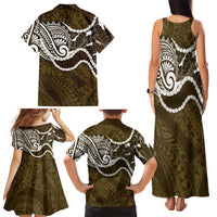 Aloha Hawaii Kalo Pikake Lei Family Matching Tank Maxi Dress and Hawaiian Shirt Chest Tattoo Gold Hawaiian Pattern