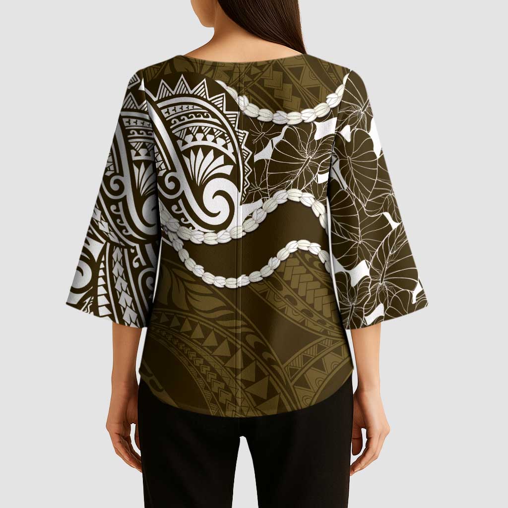 Aloha Hawaii Kalo Pikake Lei Kimono Sleeve Blouse Chest Tattoo Gold Hawaiian Pattern LT14 - Polynesian Pride