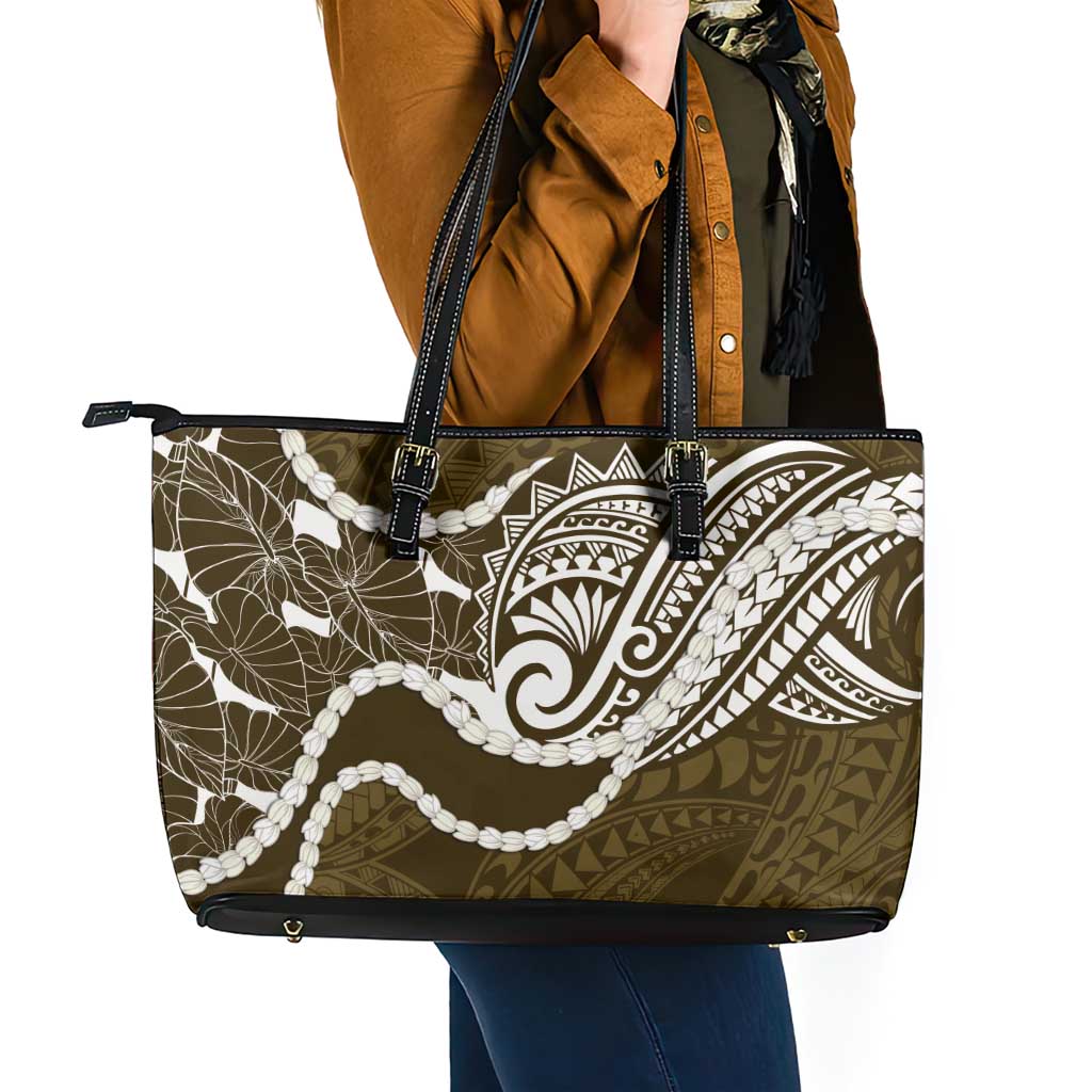 Aloha Hawaii Kalo Pikake Lei Leather Tote Bag Chest Tattoo Gold Hawaiian Pattern LT14 - Polynesian Pride