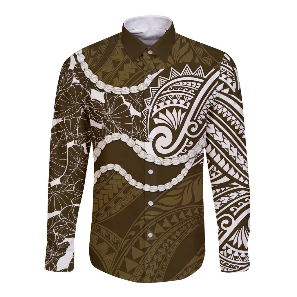 Aloha Hawaii Kalo Pikake Lei Long Sleeve Button Shirt Chest Tattoo Gold Hawaiian Pattern LT14 Unisex Gold - Polynesian Pride