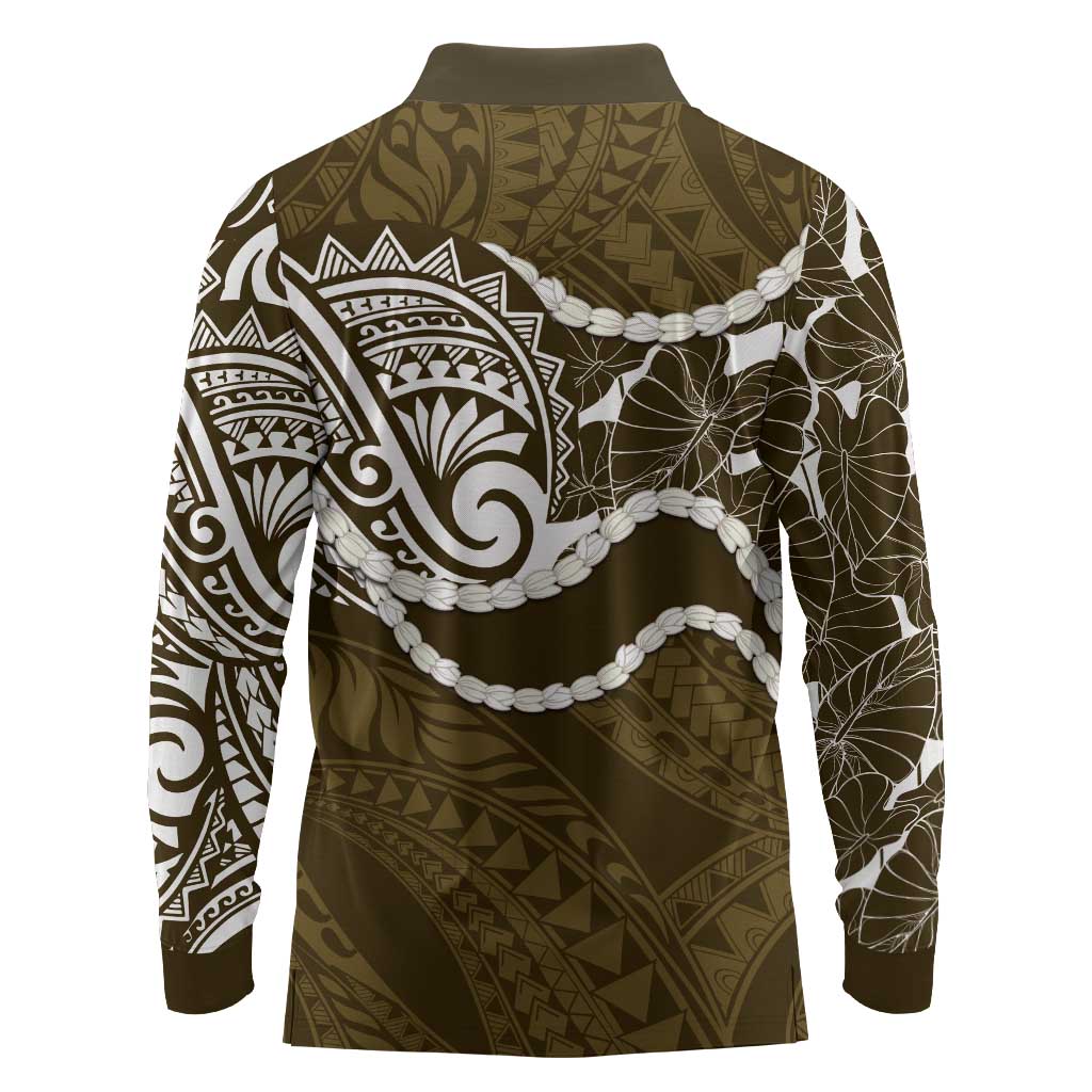 Aloha Hawaii Kalo Pikake Lei Long Sleeve Polo Shirt Chest Tattoo Gold Hawaiian Pattern LT14 - Polynesian Pride