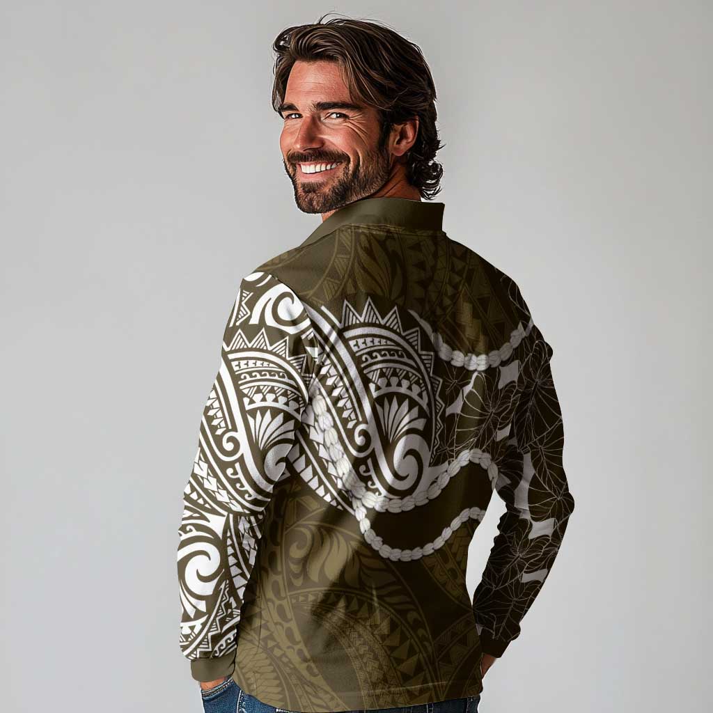 Aloha Hawaii Kalo Pikake Lei Long Sleeve Polo Shirt Chest Tattoo Gold Hawaiian Pattern LT14 - Polynesian Pride