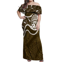 Aloha Hawaii Kalo Pikake Lei Off Shoulder Maxi Dress Chest Tattoo Gold Hawaiian Pattern