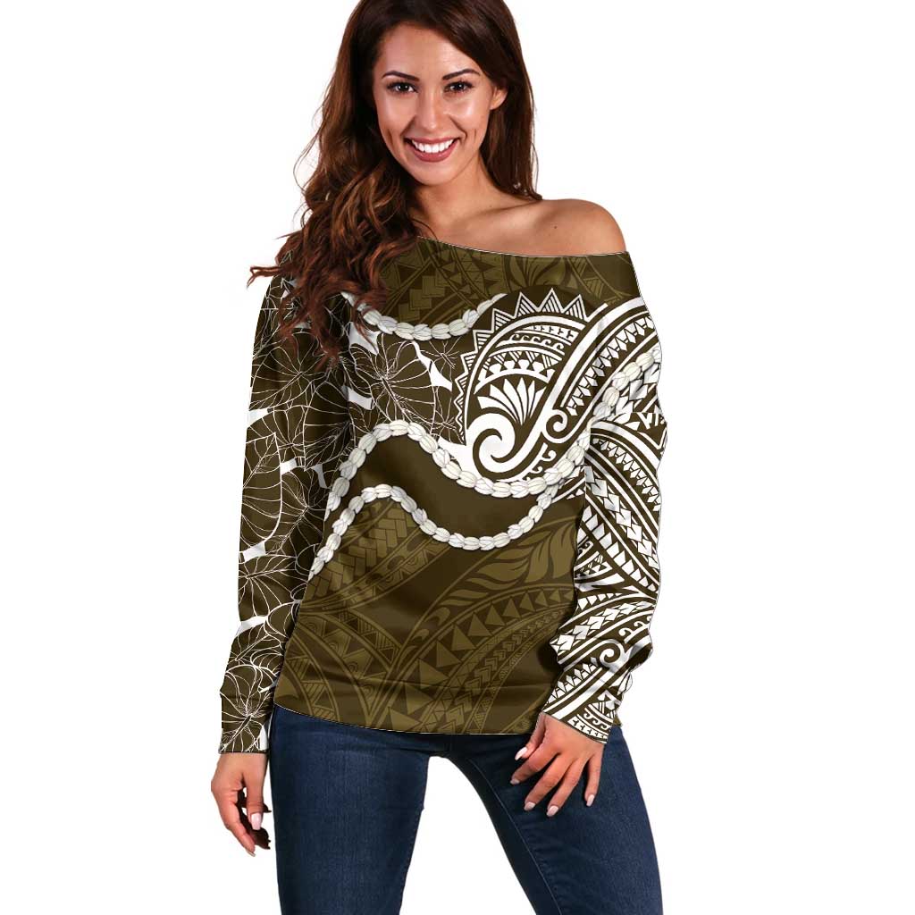 Aloha Hawaii Kalo Pikake Lei Off Shoulder Sweater Chest Tattoo Gold Hawaiian Pattern LT14 Women Gold - Polynesian Pride