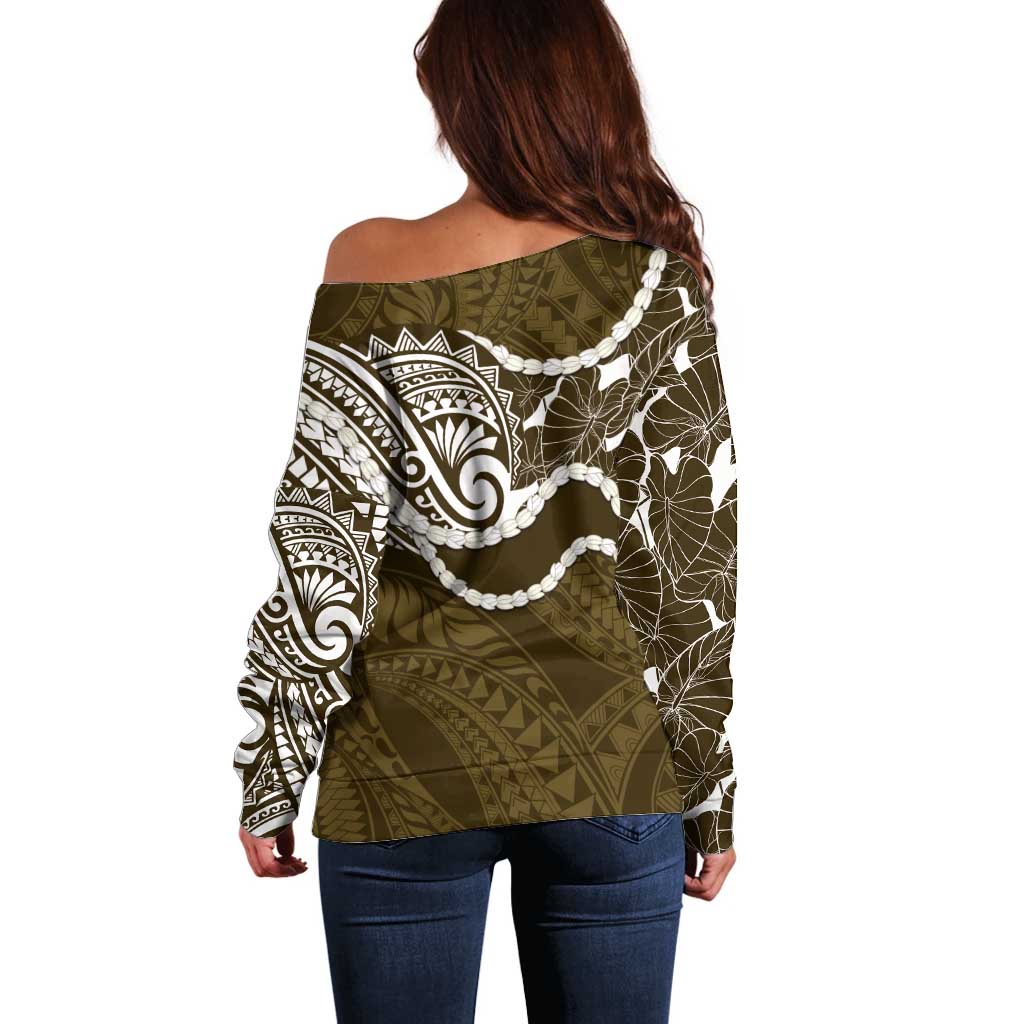 Aloha Hawaii Kalo Pikake Lei Off Shoulder Sweater Chest Tattoo Gold Hawaiian Pattern LT14 - Polynesian Pride