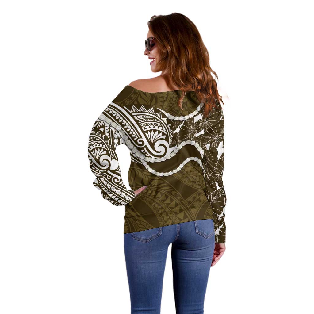 Aloha Hawaii Kalo Pikake Lei Off Shoulder Sweater Chest Tattoo Gold Hawaiian Pattern LT14 - Polynesian Pride