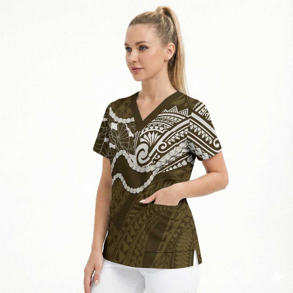 Aloha Hawaii Kalo Pikake Lei Scrub Top Chest Tattoo Gold Hawaiian Pattern LT14 - Polynesian Pride