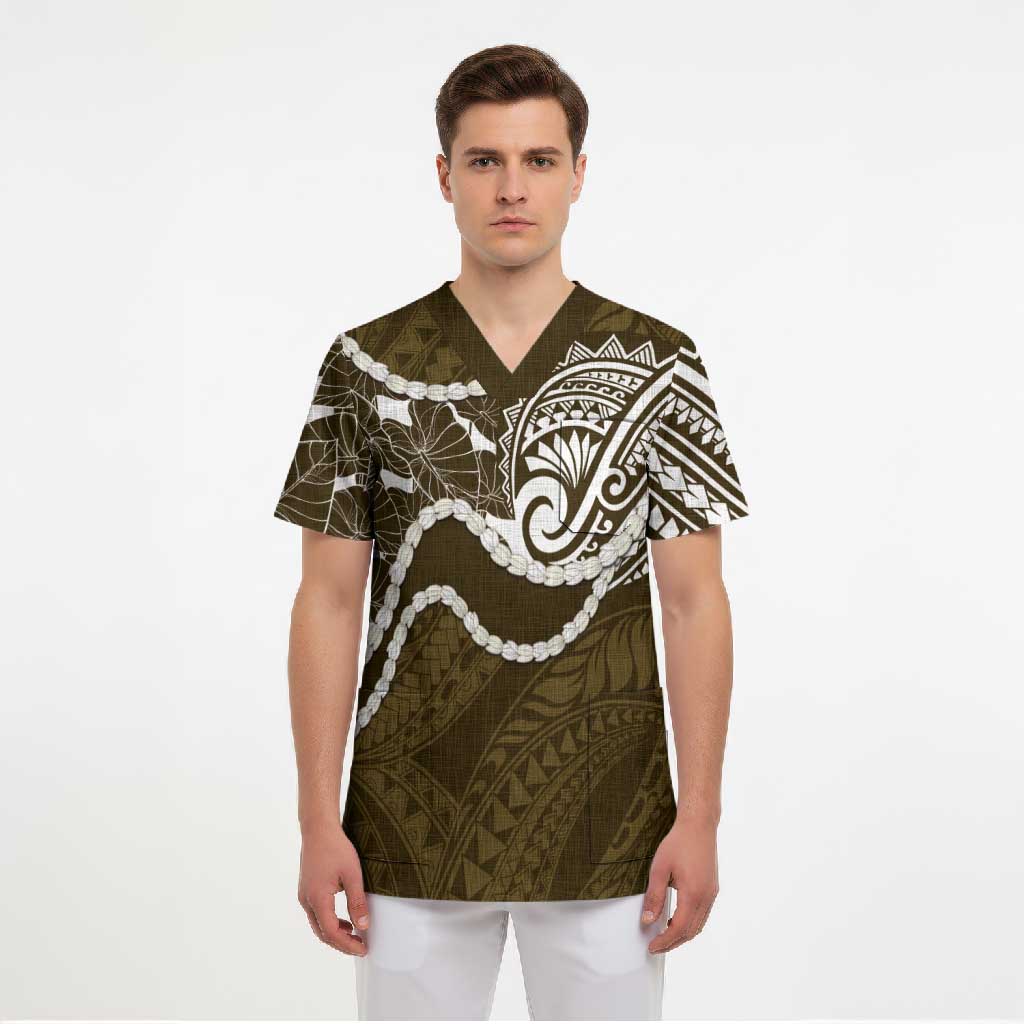 Aloha Hawaii Kalo Pikake Lei Scrub Top Chest Tattoo Gold Hawaiian Pattern LT14 - Polynesian Pride