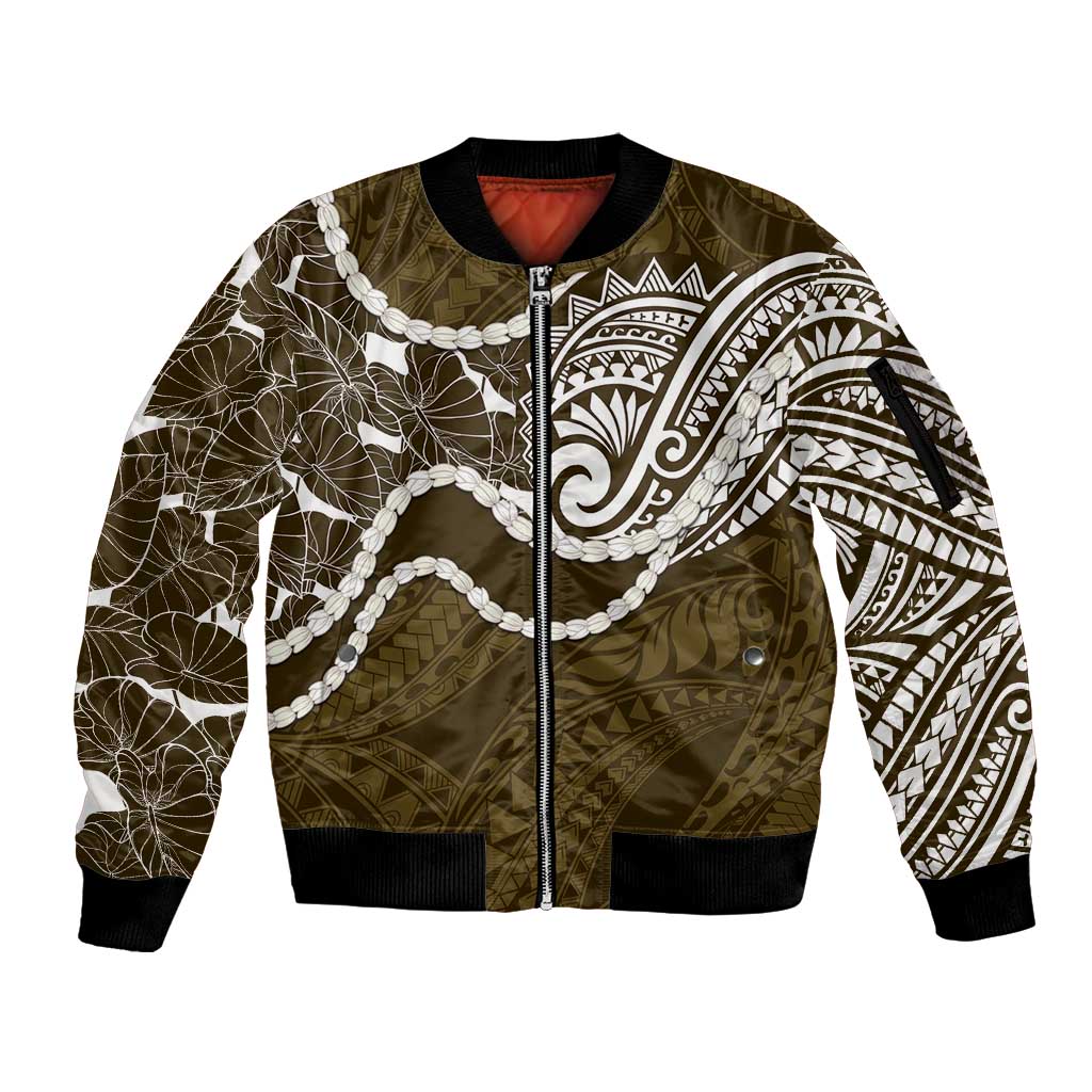 Aloha Hawaii Kalo Pikake Lei Sleeve Zip Bomber Jacket Chest Tattoo Gold Hawaiian Pattern LT14 Unisex Gold - Polynesian Pride